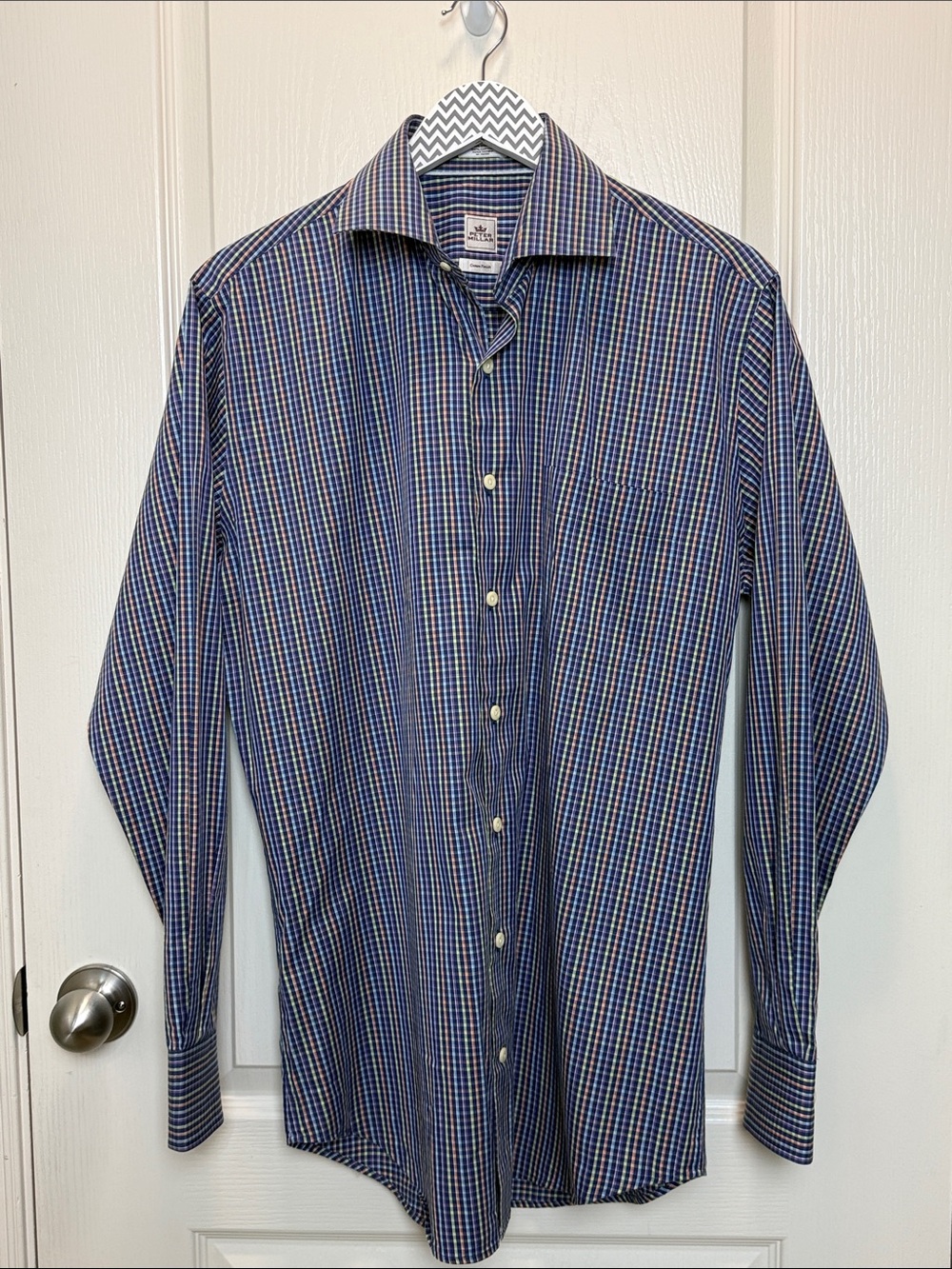 EUC Peter Millar Blue and Purple Multi-color Plaid Button-Down Dress Shirt Sz M
